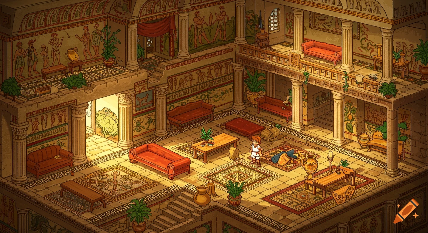 Pixel art depiction of an ancient Roman domus interior with furniture and a  small person. on Craiyon, image size:1408x768