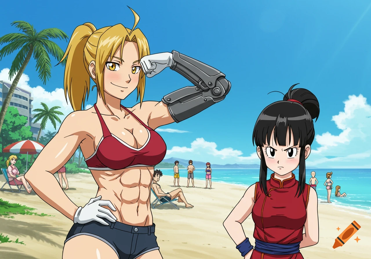 Winry Rockbell flexing her arm on a beach while Chi Chi looks on, anime style.