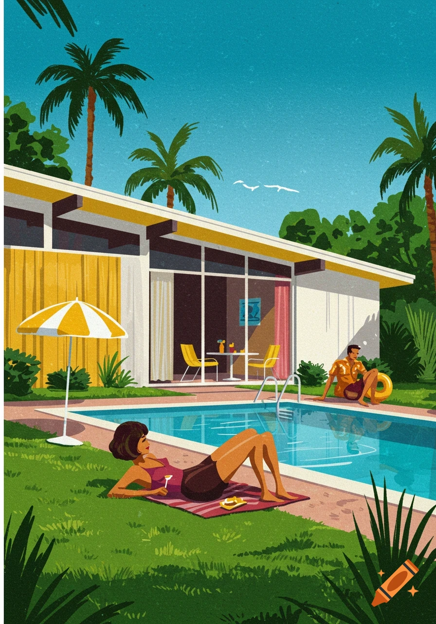 Mid-century modern illustration of people relaxing by a pool next to a house.