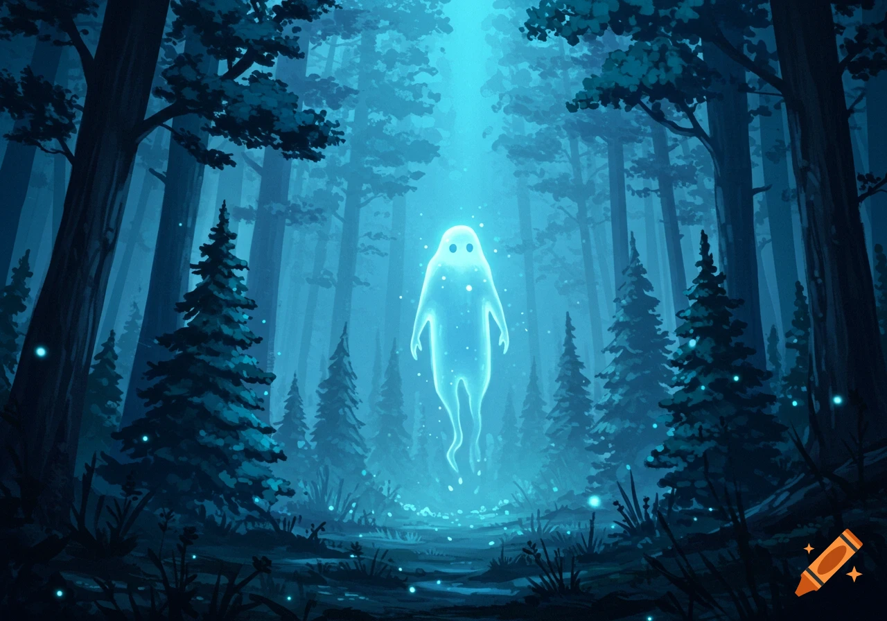 A stylized illustration of a blue glowing ghost spirit in a dark, blue fantasy forest.