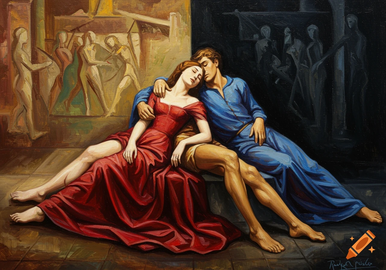 Abstract painting of Romeo and Juliet embracing, in a Picasso-like style with brushstrokes.