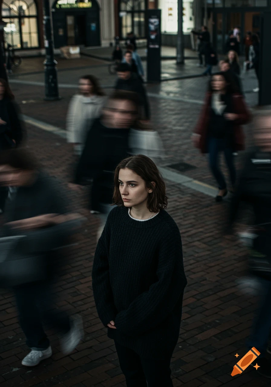 Woman stands still on a brick sidewalk as a motion-blurred crowd rushes past, moody cinematic style