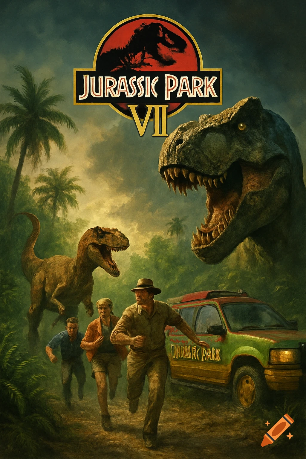 Illustration in movie poster style of people running from dinosaurs in a jungle, with Jurassic Park VII logo.