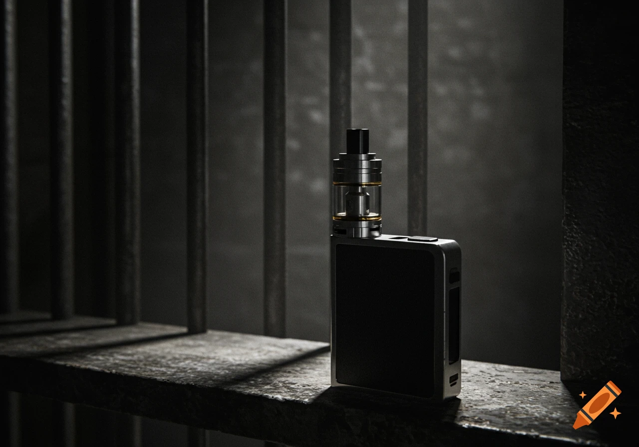 A vape device sits on a concrete surface behind prison bars in a dark jail  cell. on Craiyon