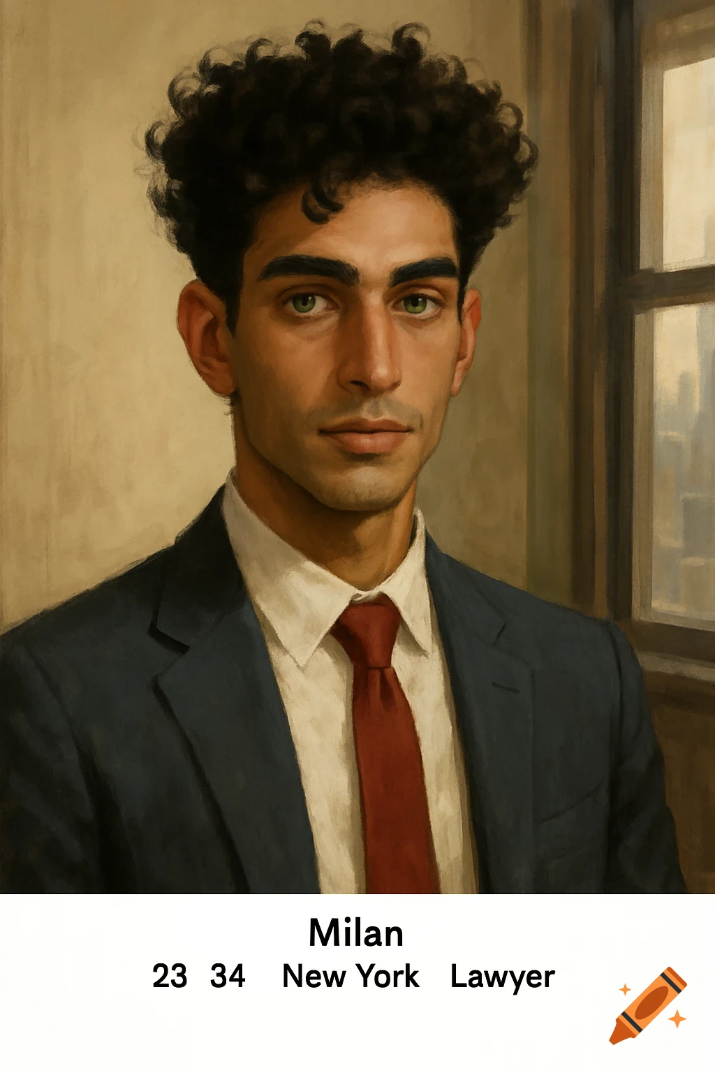 Portrait of a man in a suit with curly hair and green eyes, painterly style.