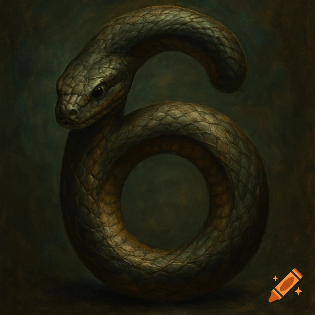 A snake forms the shape of the number 6 in a painterly style.