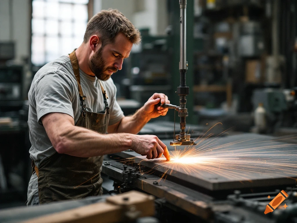 A man in an apron operates a machine, creating sparks in a factory.