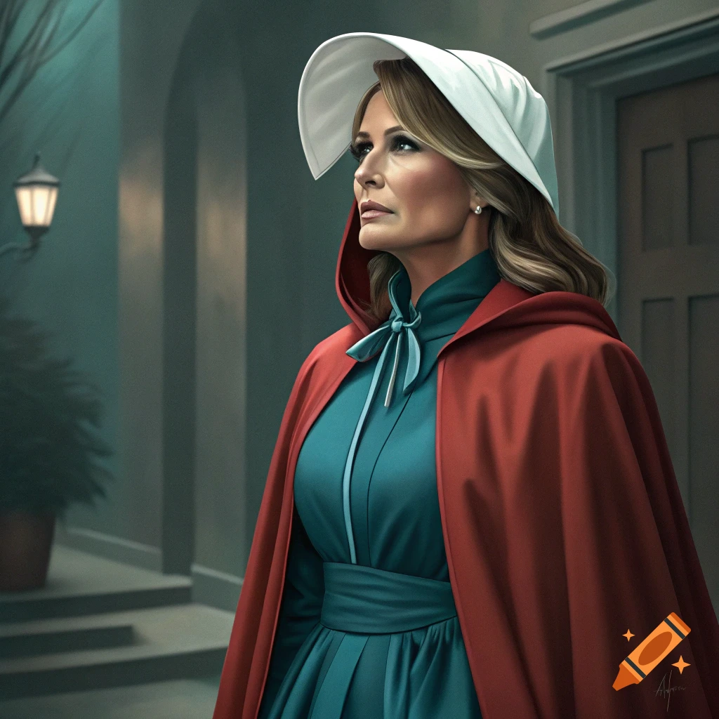 Portrait of a woman resembling Melania Trump dressed as a Handmaid in a white bonnet, red cape, and teal dress.