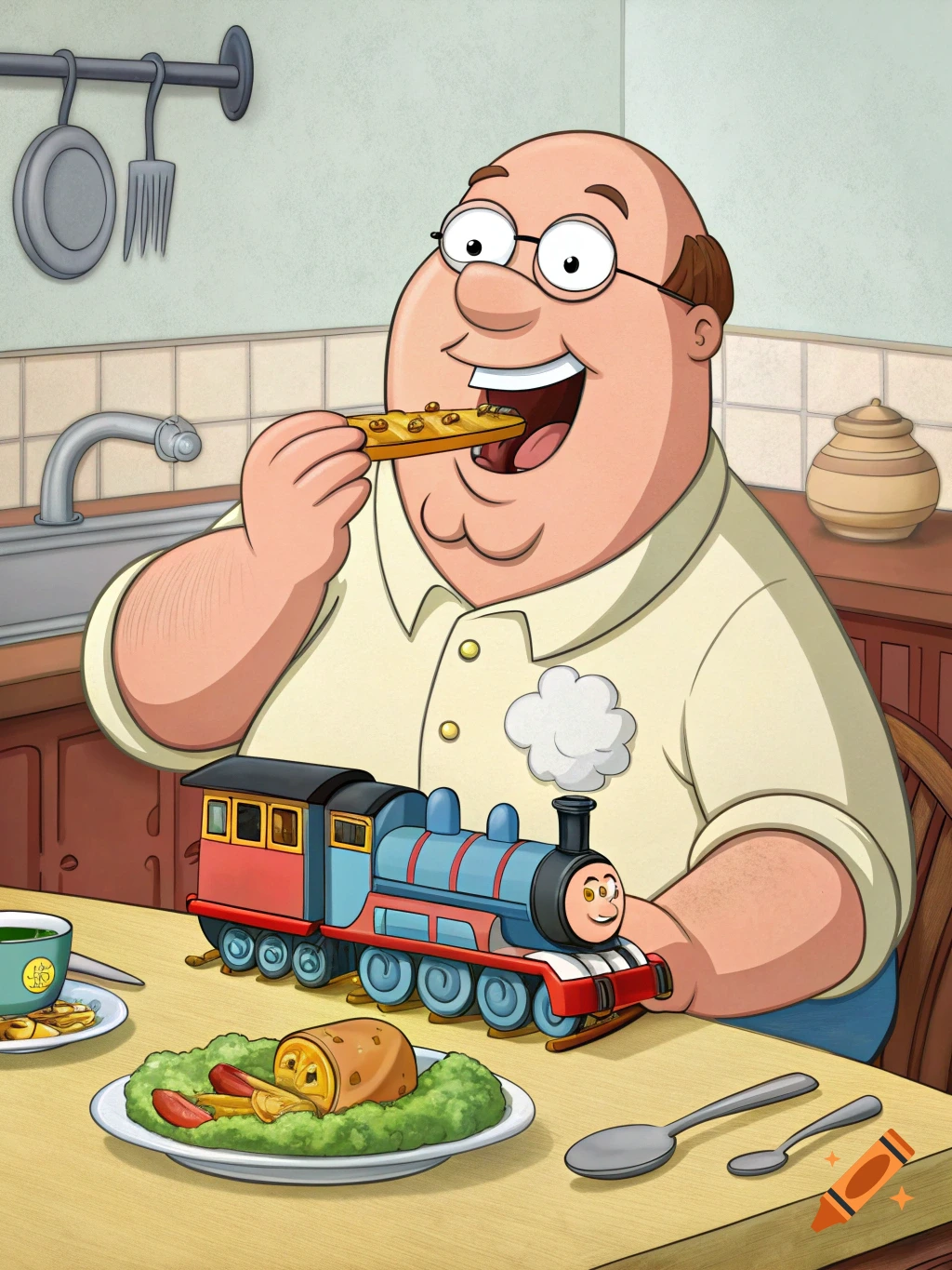 Cartoon of Peter Griffin eating a bar while holding a Thomas the Tank Engine toy.