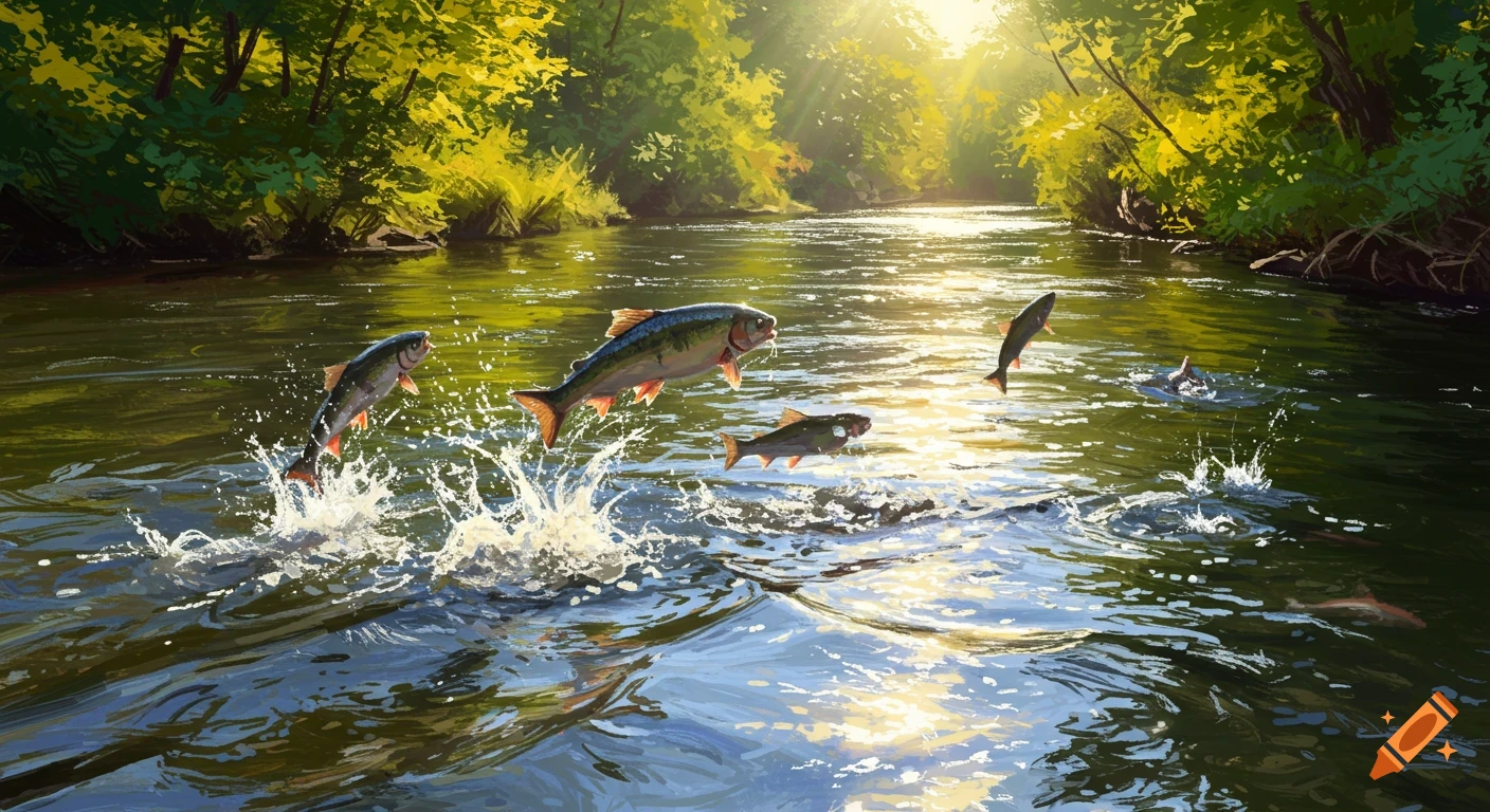 Fish leaping from a sunlit river bordered by green trees