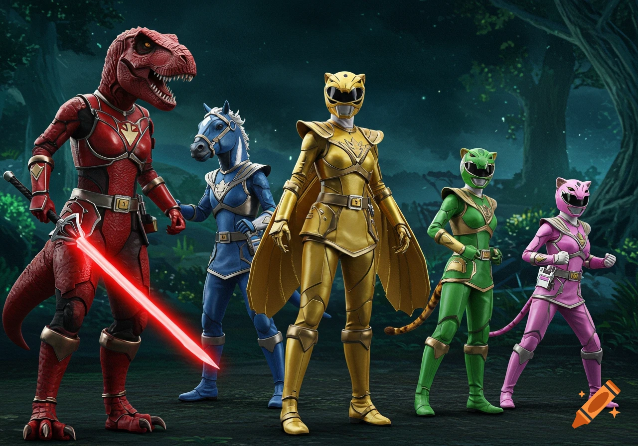 Five costumed rangers with animal/dinosaur heads in a forest.