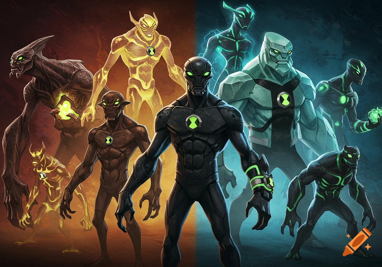 Illustration of multiple detailed alien characters from Ben 10, split between warm and cool lighting.