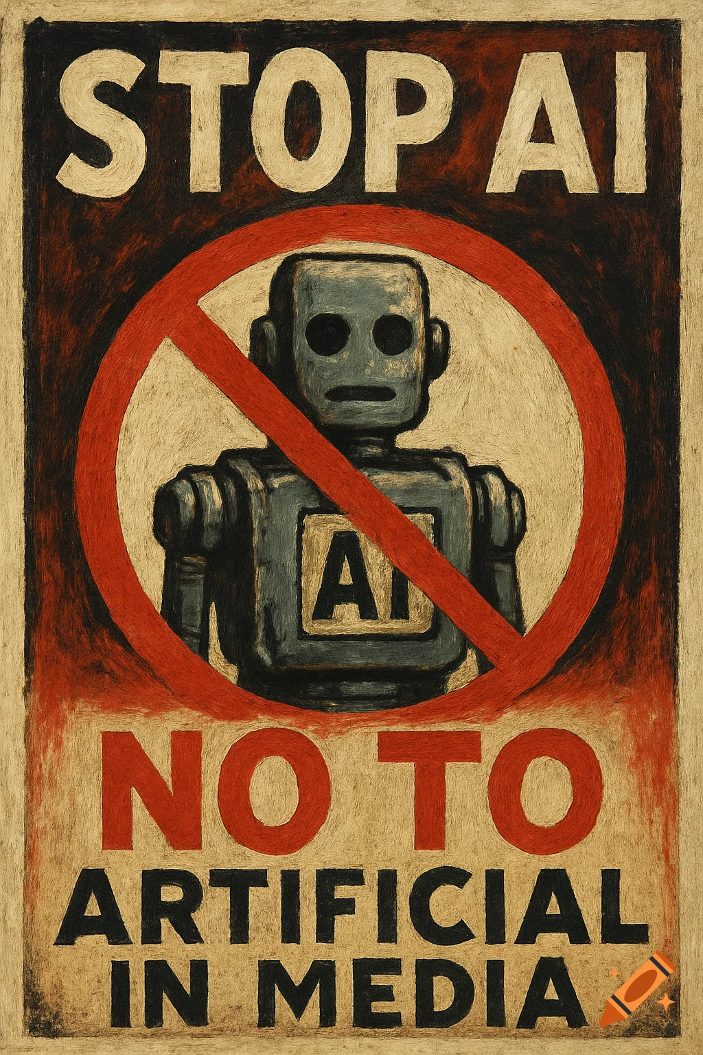 Protest poster with 'STOP AI NO TO ARTIFICIAL IN MEDIA' text and a robot in a red prohibition circle, in a textured art style.