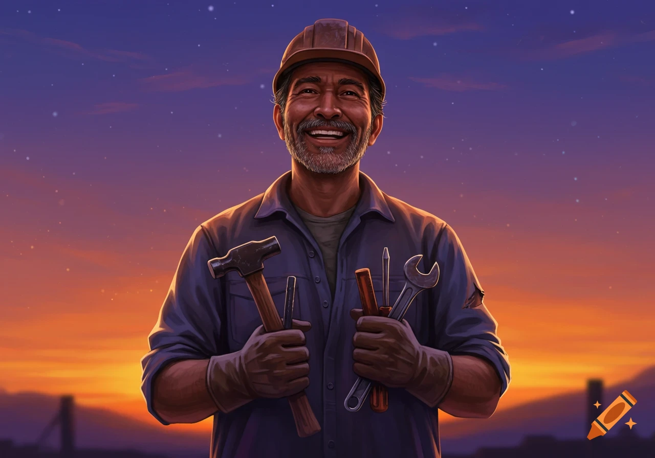A smiling worker holds a hammer and wrench against a sunset sky.