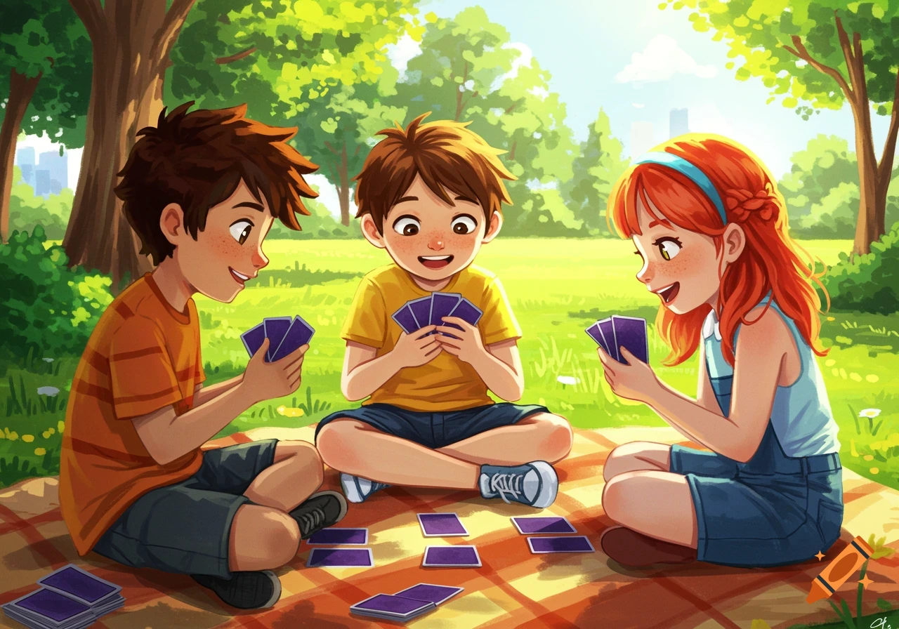 Children playing cards on a blanket in a sunny park illustration.