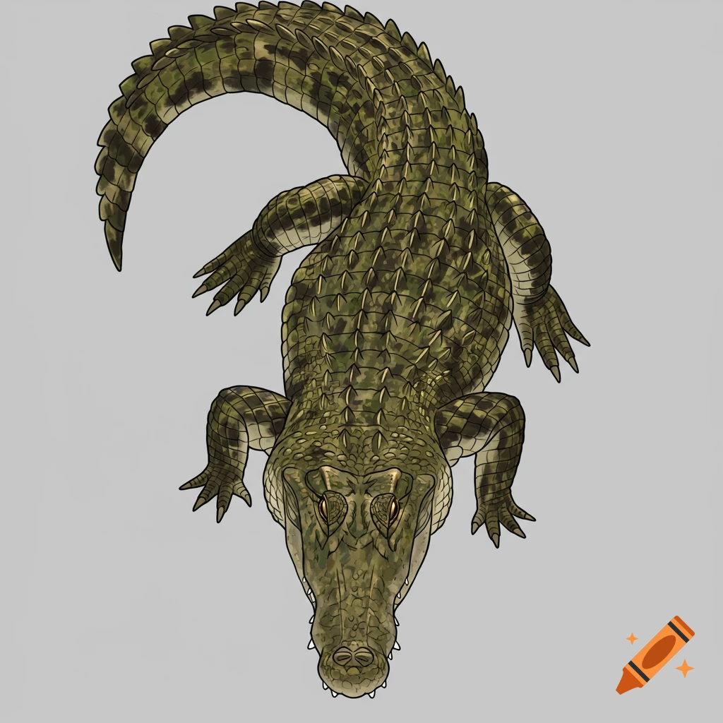 Illustration of a crocodile from directly above.