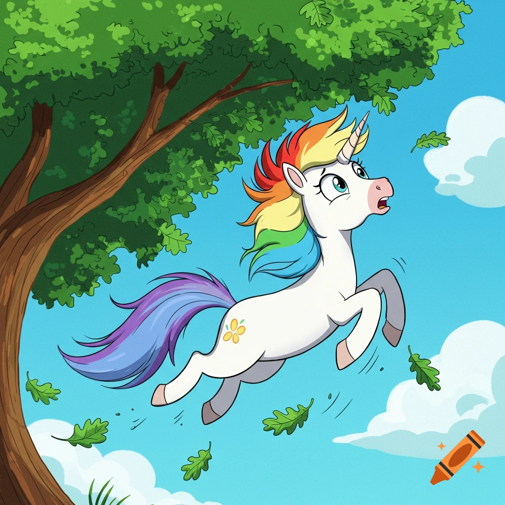 Cartoon unicorn with rainbow mane jumping next to a tree as leaves fall around it.