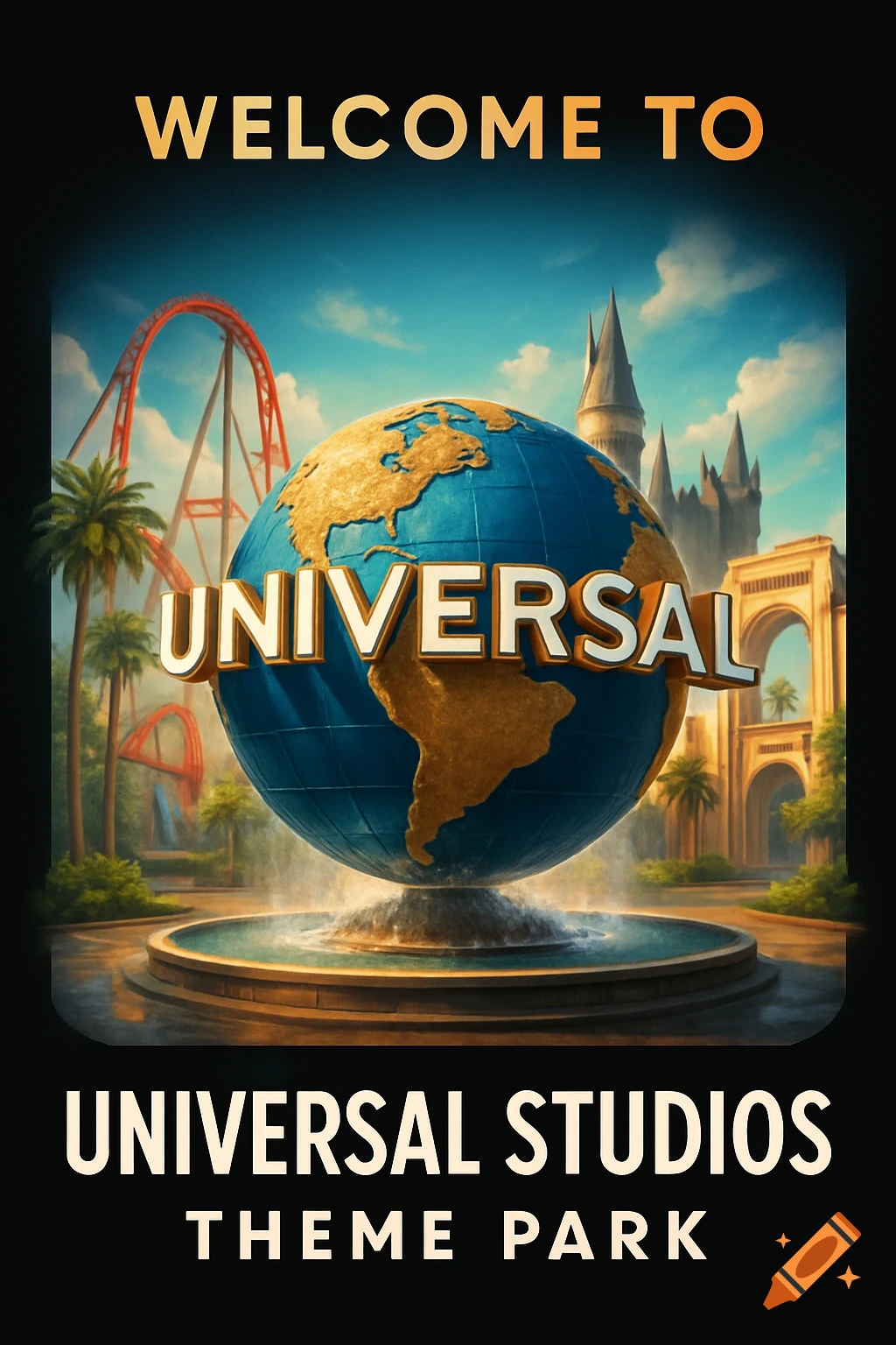 Welcome greeting card for Universal Studios Theme Park showing the globe fountain, roller coaster, and Hogwarts castle.
