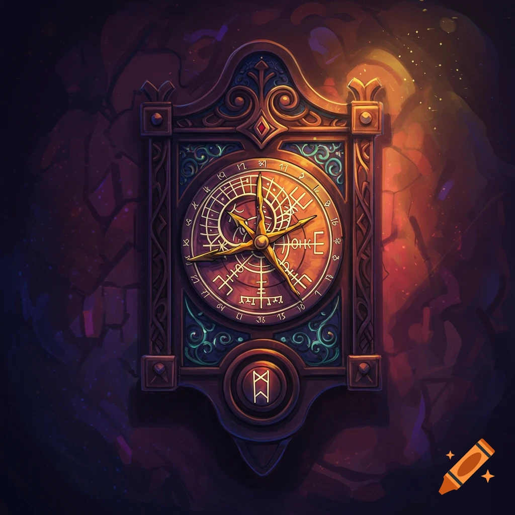 Stylized clock with runic symbols and glowing hands on a wall in a dimly lit room.