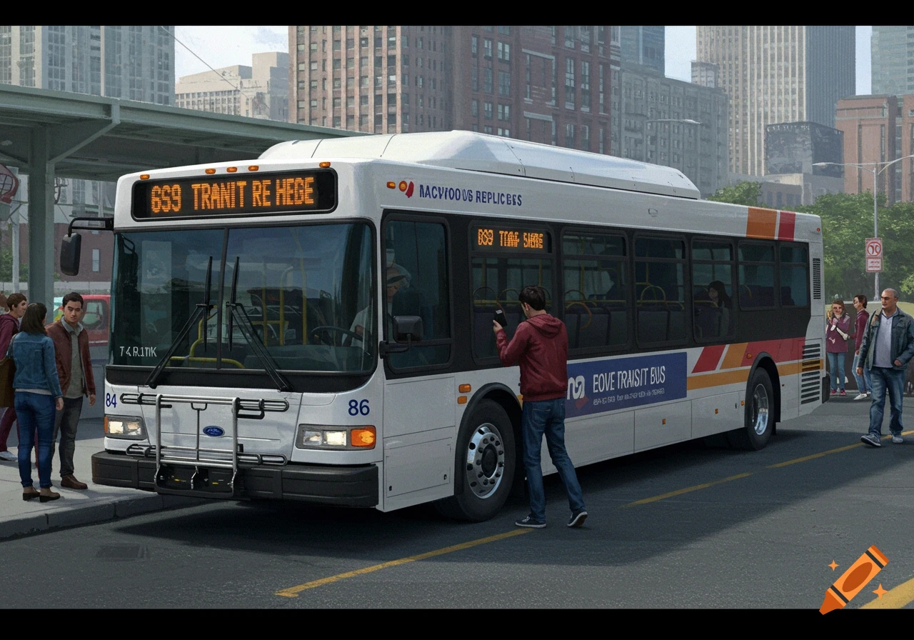 Photorealistic image of a public transit bus stopped at a bus stop in a city with people waiting