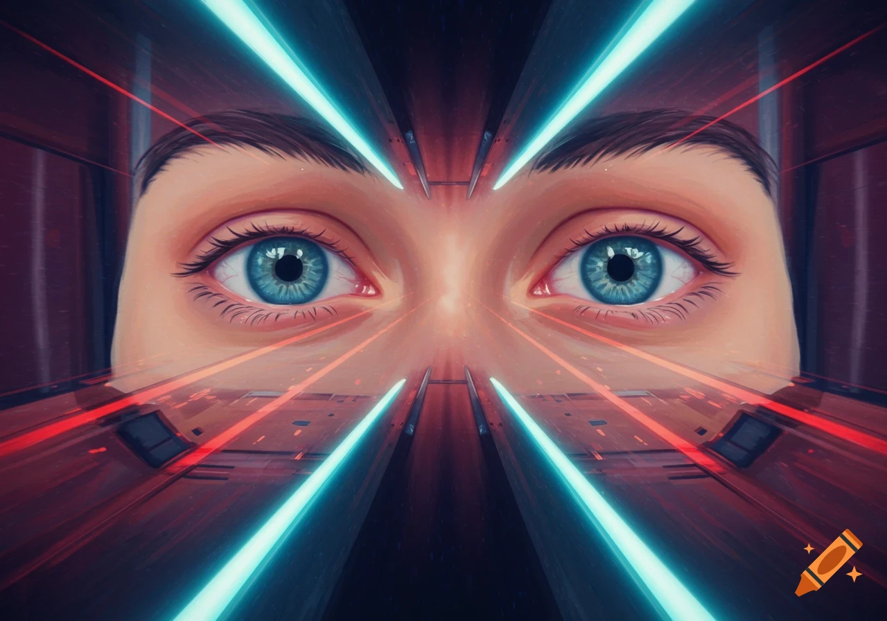 A close-up on a person's eyes with abstract red and blue light trails streaking outwards.