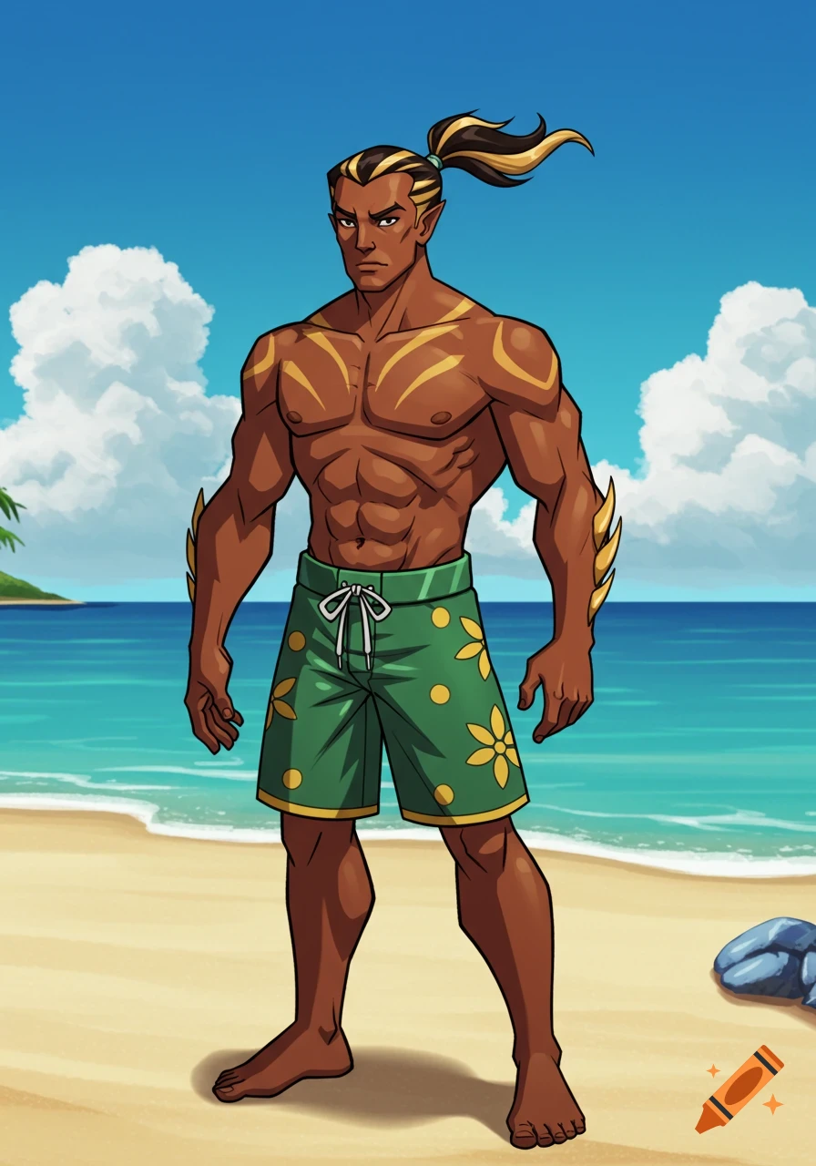 Cartoon art of a muscular man with blonde-streaked ponytail and body markings, wearing green swim shorts on a beach.