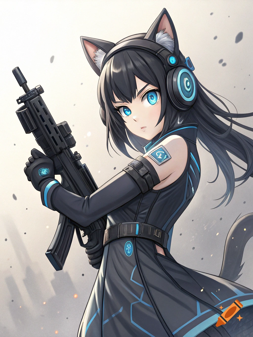 Anime girl with cat ears and headphones holding a gun on Craiyon, image size:1024x1365