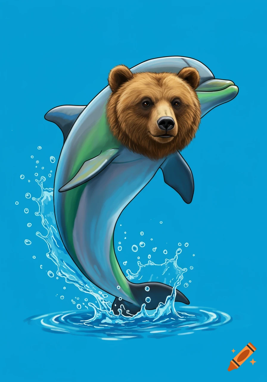 Stylized illustration of a bear-headed dolphin leaping from water
