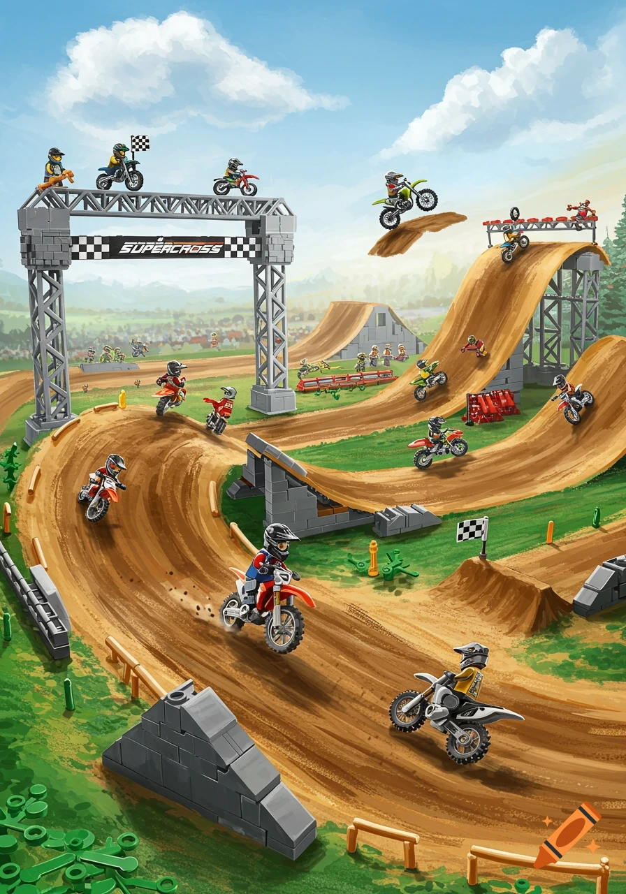 Lego minifigures race motocross on a dirt track with jumps.