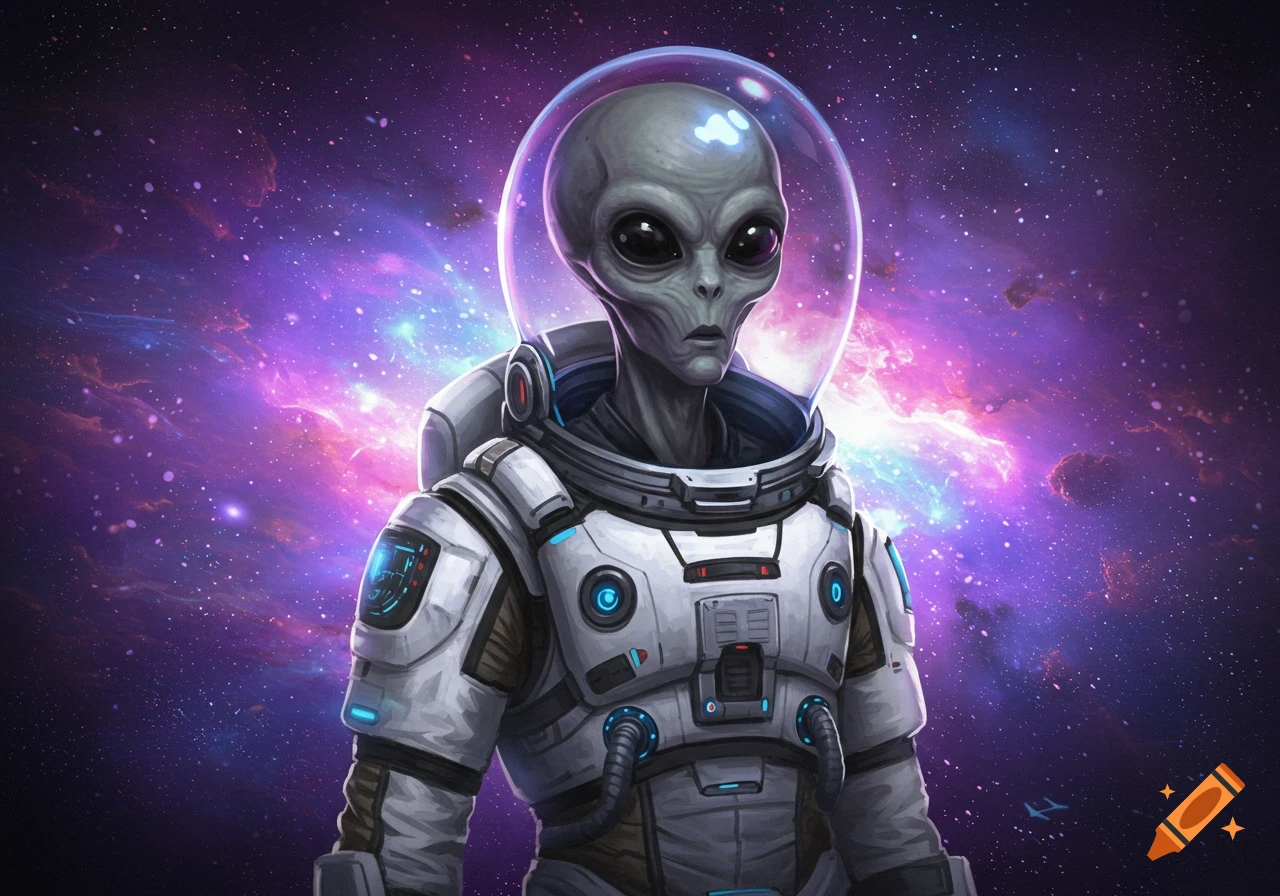 Digital illustration of a grey alien in a spacesuit in front of a colorful nebula in space.