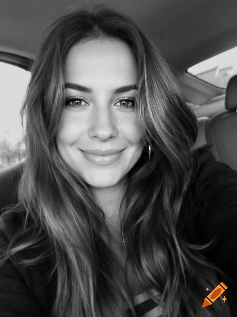 Black and white portrait of a smiling woman in a car