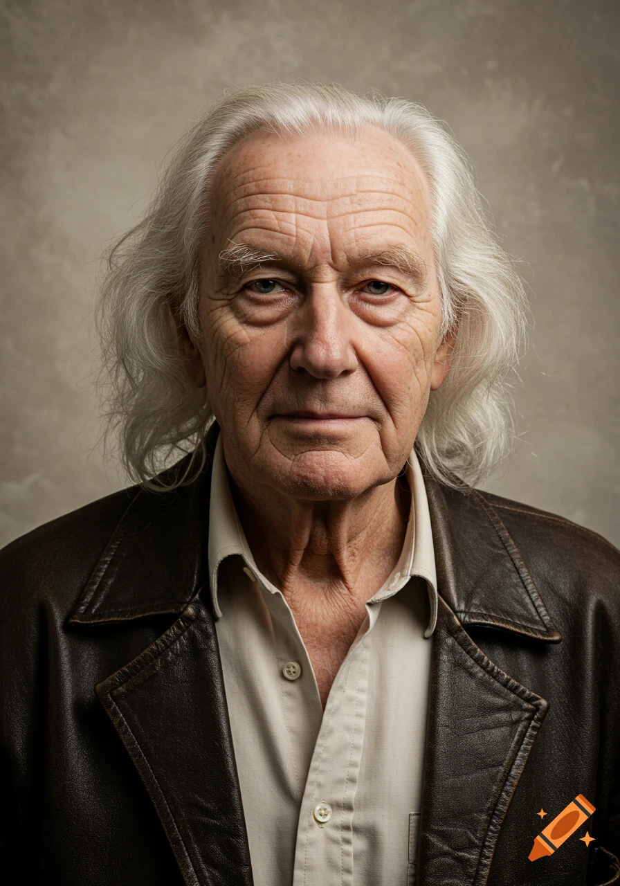 Photorealistic portrait of an old man with white hair wearing a leather jacket.