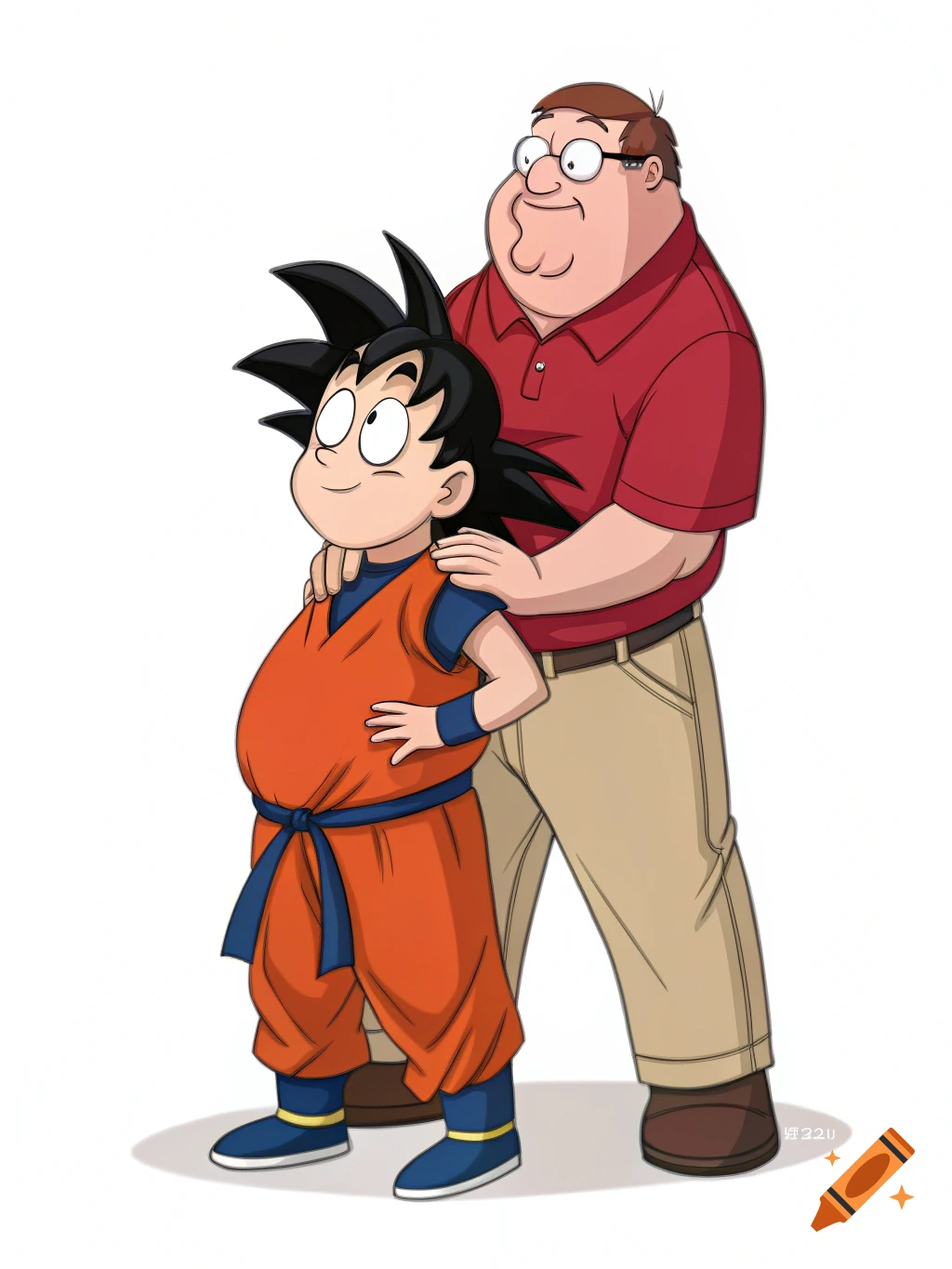 Cartoon drawing of Peter Griffin standing behind a young Goku with his hands on Goku's shoulders.