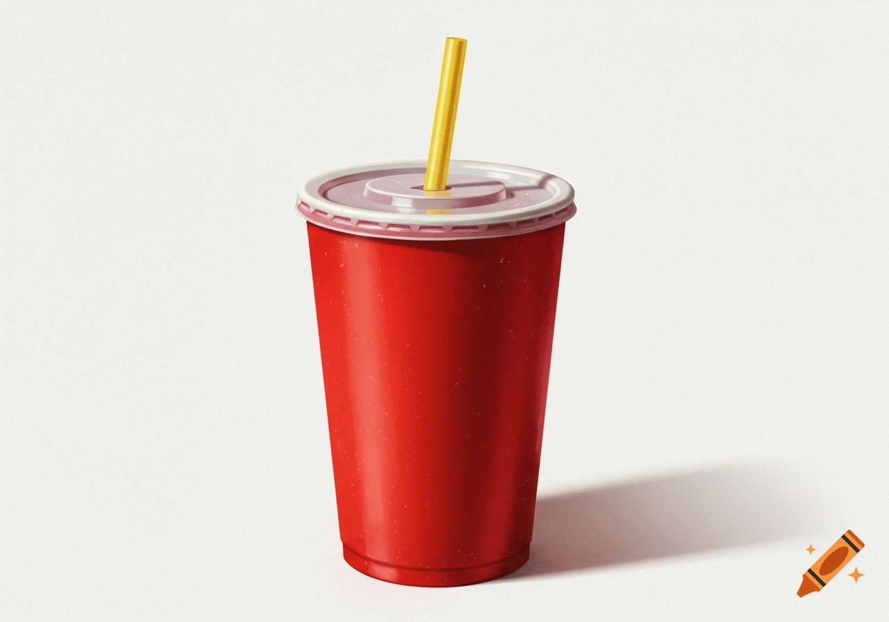 A red fast food soda cup with a white lid and yellow straw.