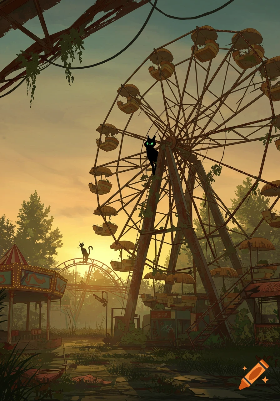 An illustration of a black cat climbing on a rusty Ferris wheel in an abandoned amusement park at sunset. Another cat sits on a rollercoaster arch.