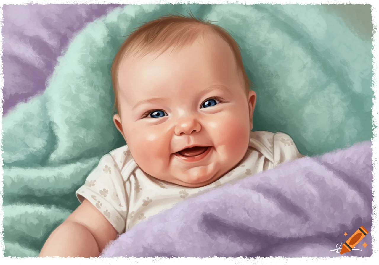 Close-up portrait of a smiling baby wrapped in blankets, rendered in a painterly style.