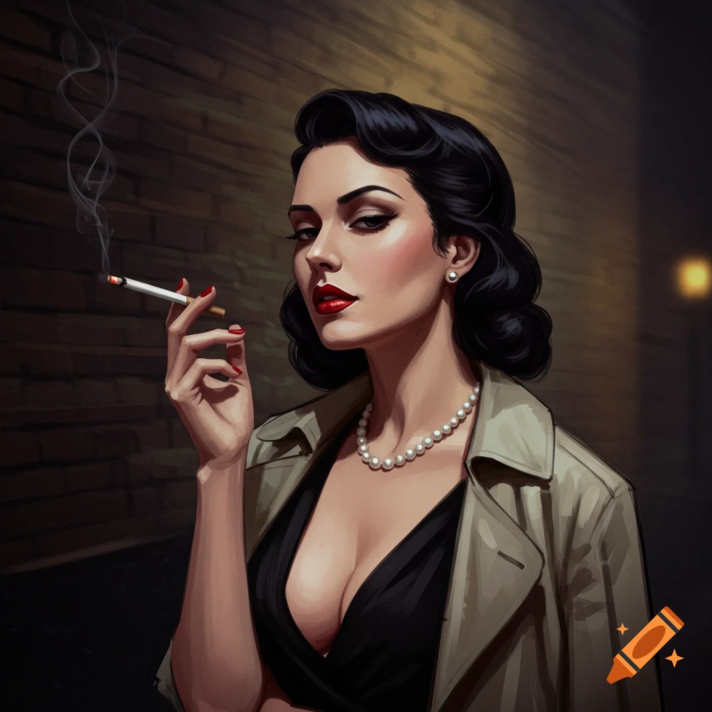 Noir style portrait of a woman in a trench coat smoking a cigarette