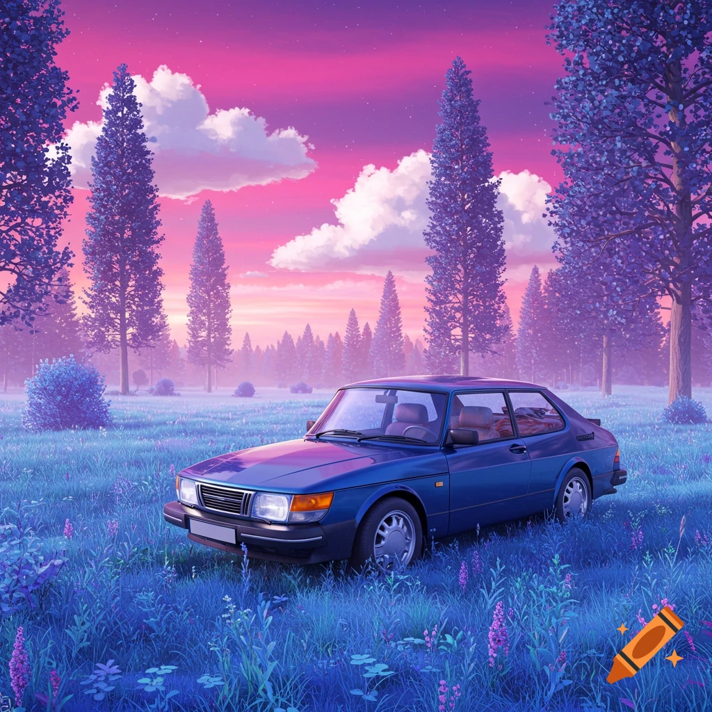 A blue Saab car parked in a field with tall trees under a pink and purple sunset.