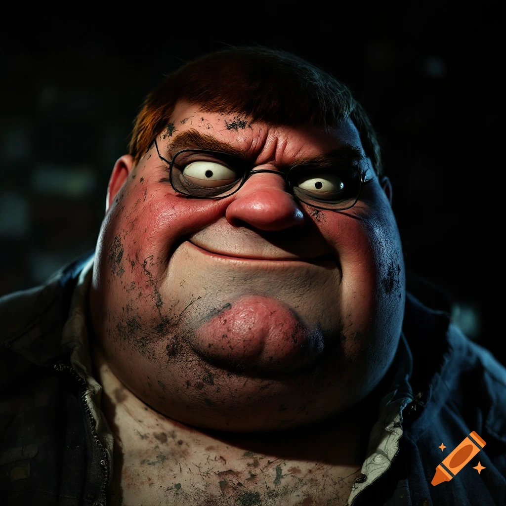 Close-up realistic portrait of a dirty, smirking character with glasses resembling Peter Griffin