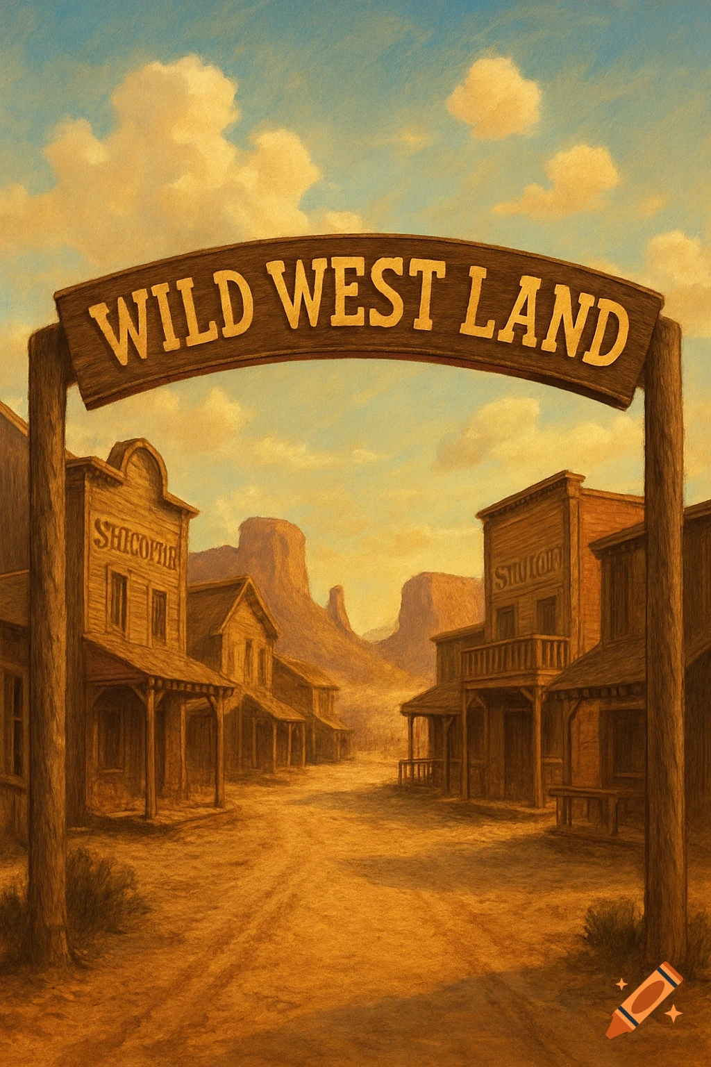 Illustration of a street in a Wild West town seen from an archway sign that reads WILD WEST LAND. Wooden buildings line the dusty street under a cloudy sky.
