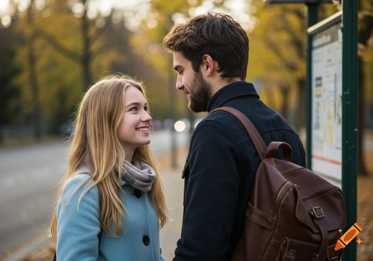 Young man and woman look at each other near a bus stop in autumn.
