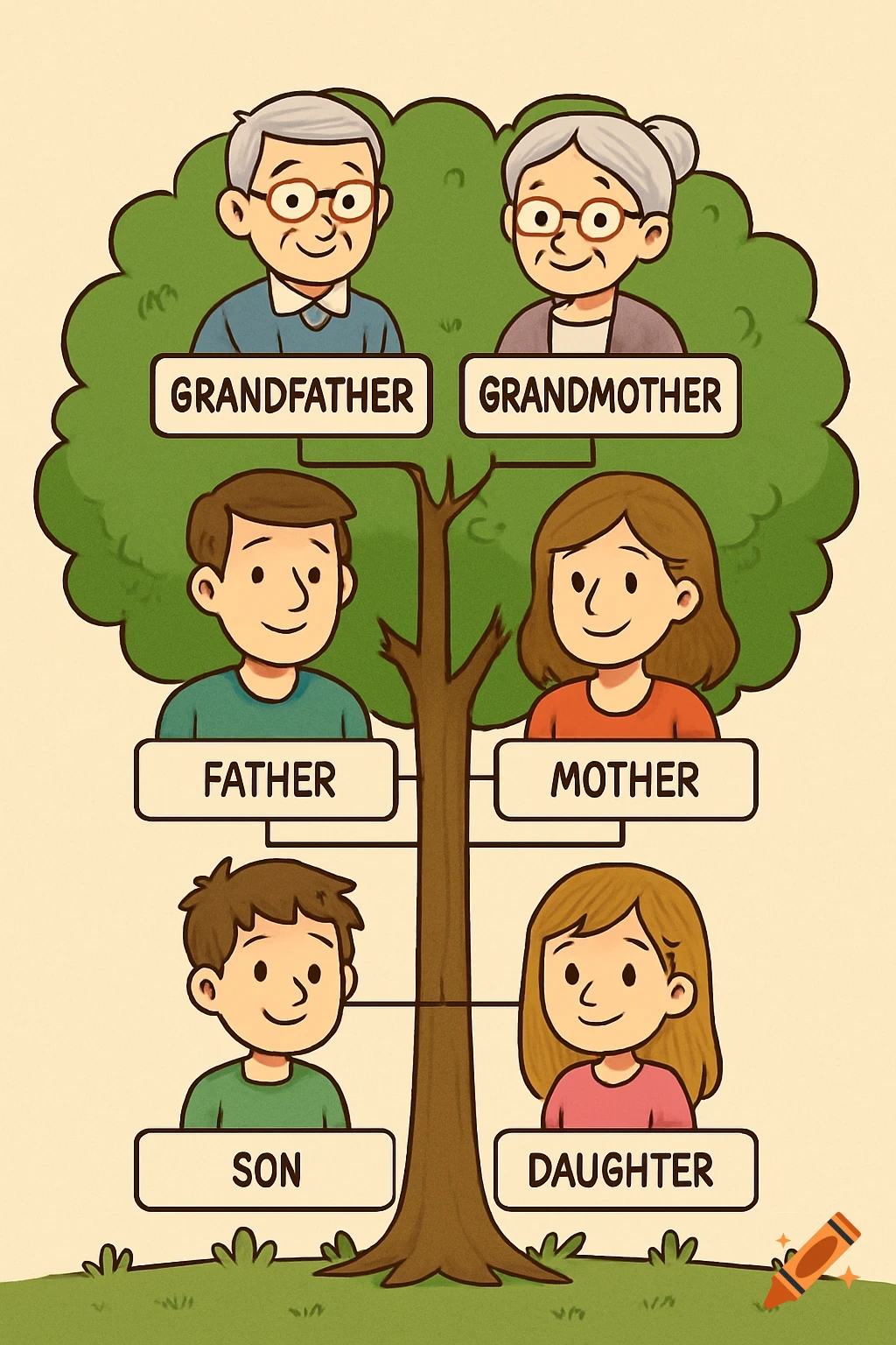 A cartoon illustration of a family tree showing grandparents, parents, son, and daughter.