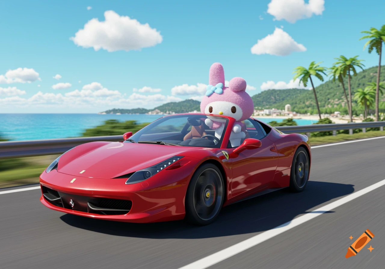 Animated My Melody driving a red Ferrari convertible on a coastal road