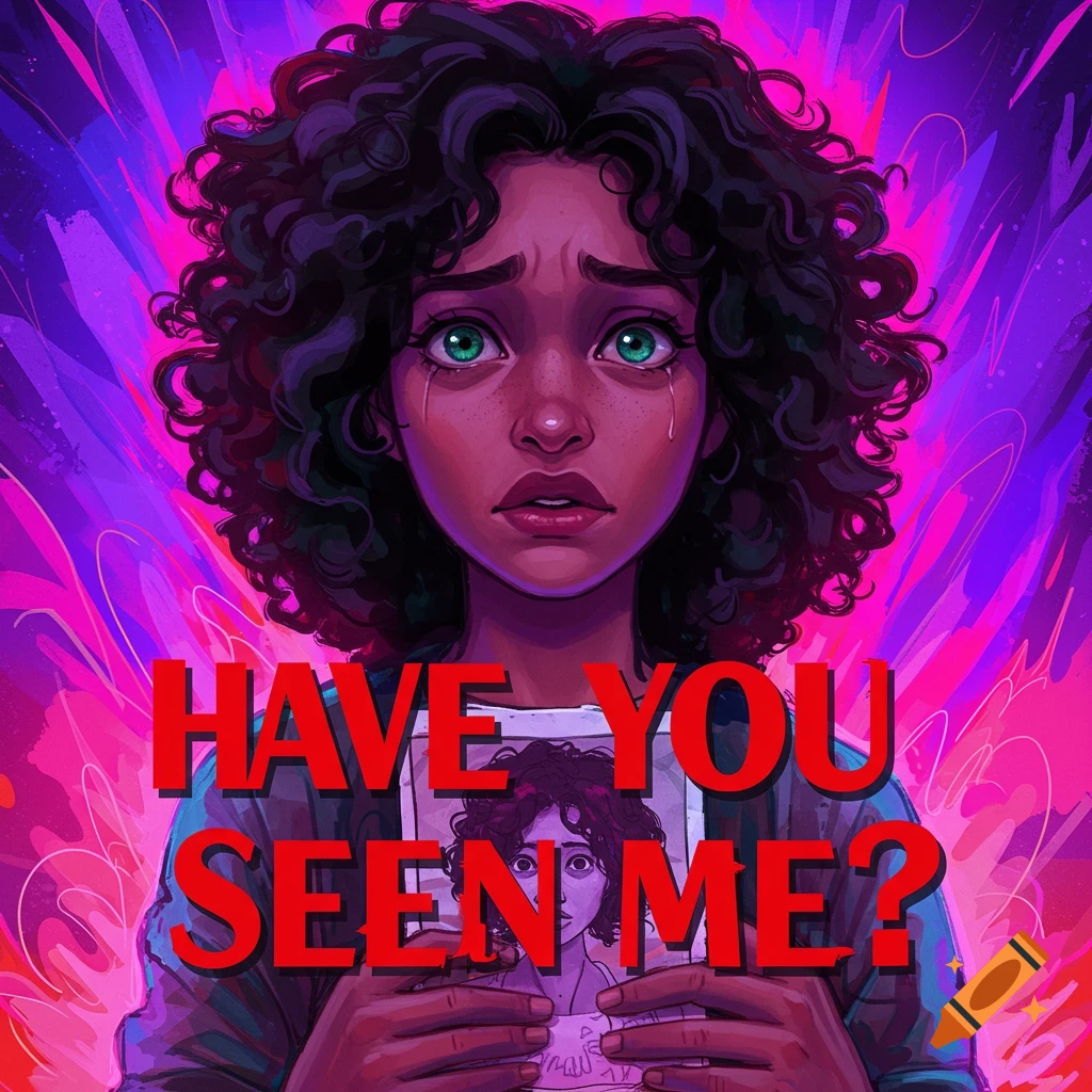 Stylized illustration of a crying young woman holding a 'Have You Seen Me?' poster.