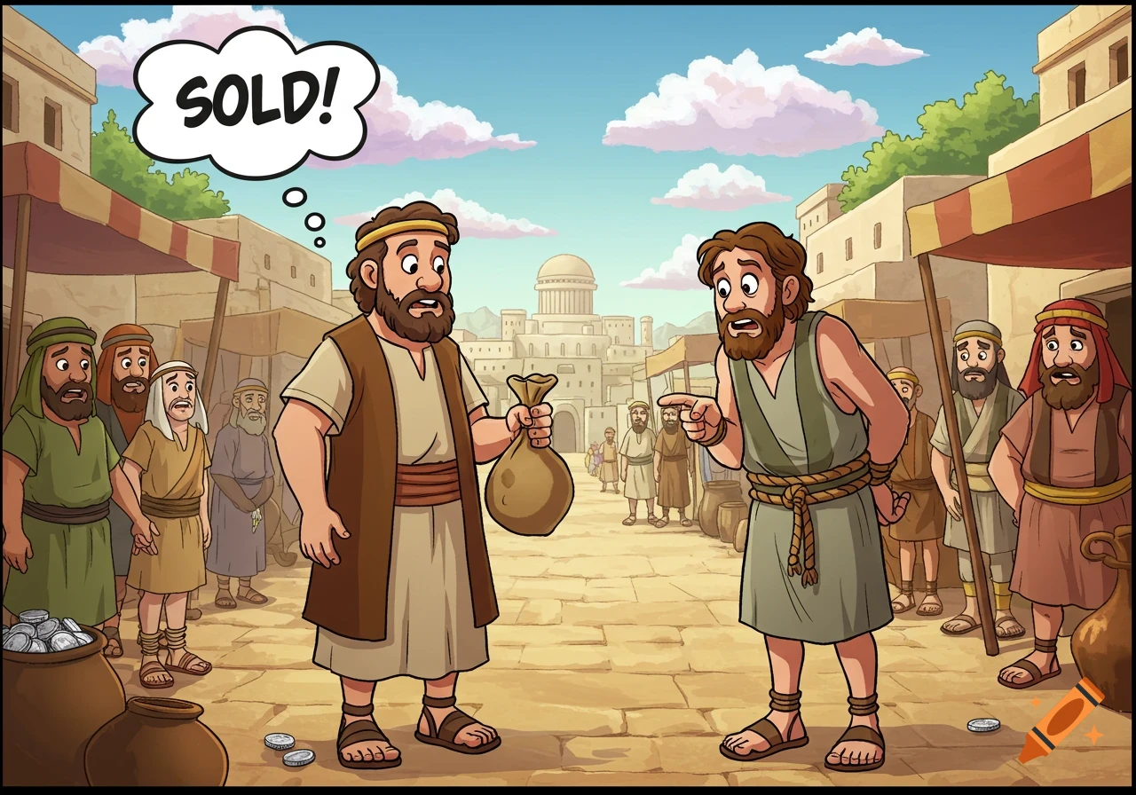 Cartoon illustration of men in biblical times in a market, one holding a money bag and thinking 'SOLD!'