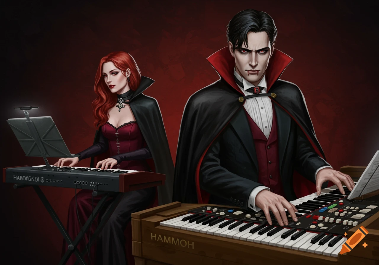 Illustration of a male and female vampire playing keyboards on a dark red background.