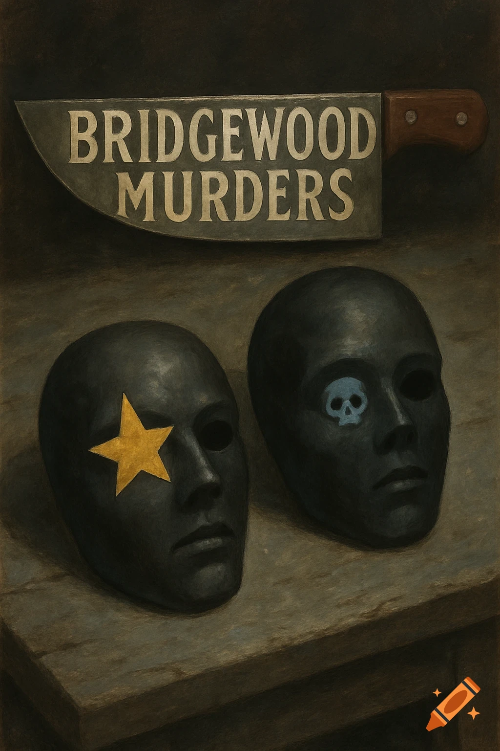 Two dark masks and a knife labeled 'BRIDGEWOOD MURDERS' on a table.
