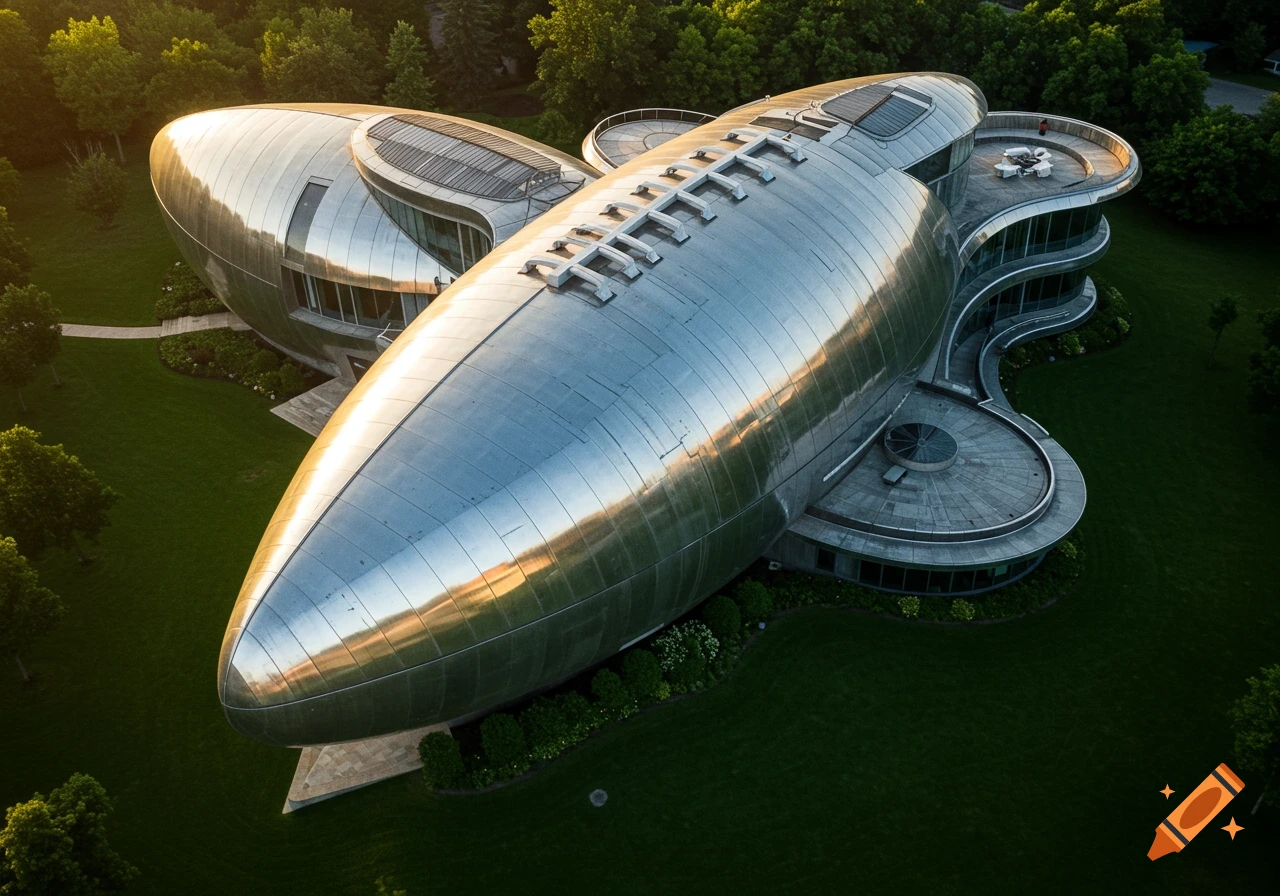 Aerial view of a modern building shaped like a shiny silver football surrounded by green grass and trees.