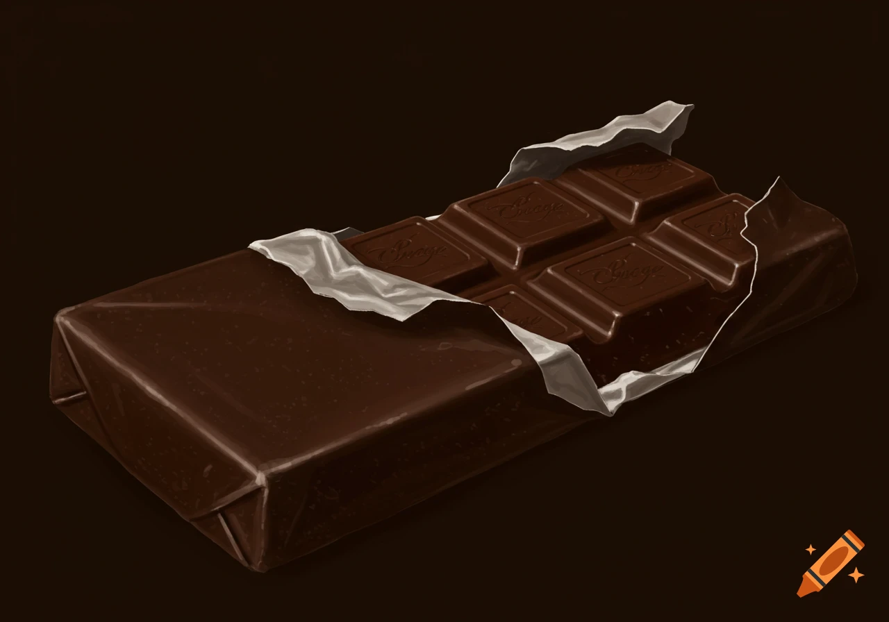 Dark chocolate bar partially unwrapped in a brown wrapper