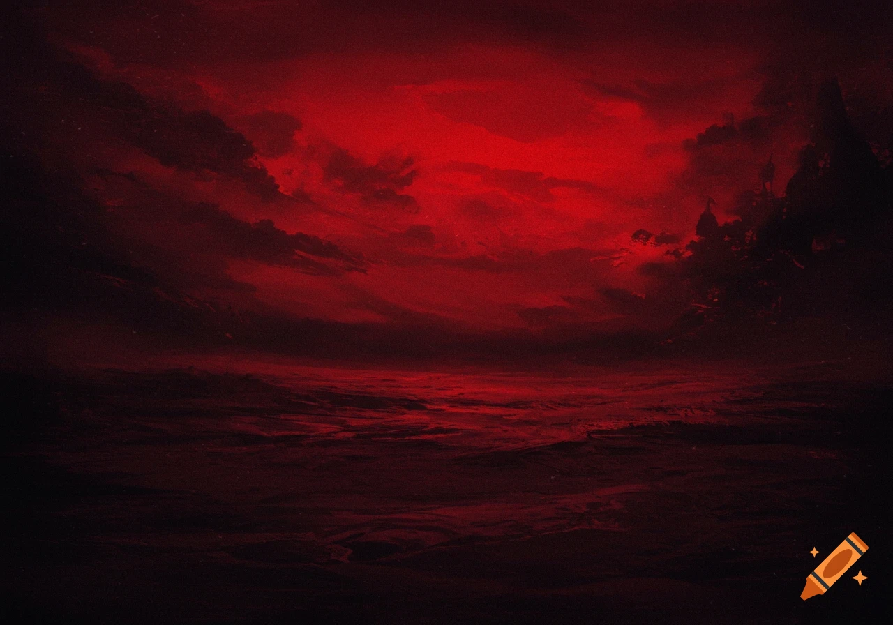 Dramatic abstract landscape with a blood-red sky and dark, stormy sea.